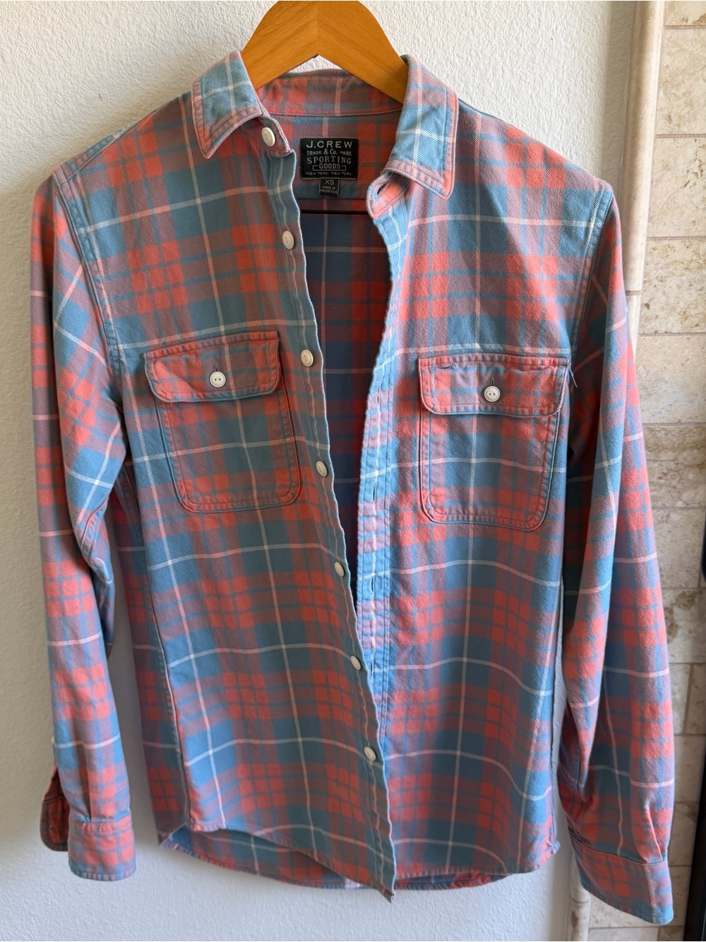 J Crew Men’s flannel orange and blue - size XS